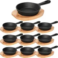 Playflip 10x WAS Germany Mini Servierpfanne mit Holzuntersetzer und Stielgriff Ø 13 cm Gusseisen