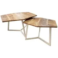 Amagohome Couchtisch Set 2 Stück Wohnzimmer Beistelltisch Satztisch Gestell Metall Tischplatte vollmassiv : reinweiß - tabacco