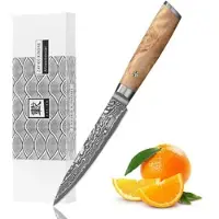 Zayiko Kinone Damast Allzweckmesser I 12 cm Klinge I Wurzelholzgriff Birke