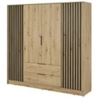 Bettso Eleganter Viertüriger Kleiderschrank mit 2 Große Schubladen für Schlafzimmer Nelly 4D Ohne Spiegel und Schwarz Lamellen Fronten / Eiche Artisan
