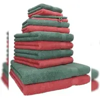 Betz 12-tlg. Handtuch-Set PREMIUM 100% Baumwolle 2 Duschtücher 4 Handtücher 2 Gästetücher 2 Seiftücher 2 Waschhandschuhe himbeere/tannengrün