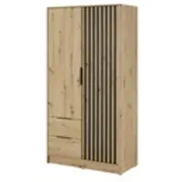 Bettso Eleganter Kleiderschrank mit Flügeltüren 2 Schubladen für Schlafzimmer Nelly 2D Ohne Spiegel und Schwarz Lamellen Fronten / Eiche Artisan