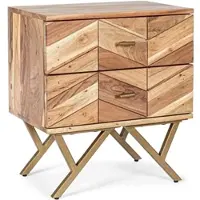 Bizzotto Nachttisch Raida aus Akazienholz, modernes Design, Natur, 2 Schubladen, goldene Beine, 50 cm