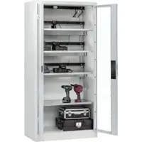 C+P Akkuladeschrank Acurado, abschließbar, mit Lüftung + Inneneinrichtung, B 930 x T 500 x H 1950 mm, Stahl, lichtgrau RAL 7035/lichtgrau RAL 7035