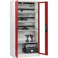 C+P Akkuladeschrank Acurado, abschließbar, mit Lüftung + Inneneinrichtung, B 930 x T 500 x H 1950 mm, Stahl, rubinrot RAL 3003/lichtgrau RAL 7035