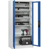 C+P Akkuladeschrank Acurado, abschließbar, mit Lüftung + Inneneinrichtung, B 930 x T 500 x H 1950 mm, Stahl, enzianblau RAL 5010/lichtgrau RAL 7035