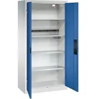 C+P Akkuladeschrank Acurado, abschließbar, mit Inneneinrichtung, B 930 x T 500 x H 1950 mm, Stahl, enzianblau RAL 5010/lichtgrau RAL 7035