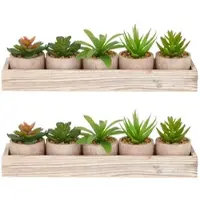 Creativ Green künstliche Pflanze Sukkulenten-Set im Holzkasten 5 Pflanzen 8-10cm im 6x5cm Topf, grün, im 2er Set