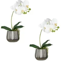 Creativ Green künstliche Pflanze Phalaenopsis mit Keramiktopf in Silber, weiß, 36cm, Real Touch, im 2er Set