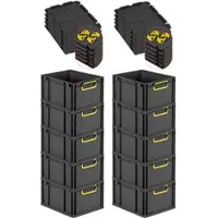 Proregal SparSet 10x Eurobox NextGen Color mit Auflagedeckel & Verschlüsse, HxBxT 22x30x40cm, 20L, Schwarz, Griffe gelb zu, Eurobehälter