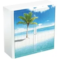 PaperFlow easyOffice Rollladenschrank Motiv Palme am Strand silber, 110x104x41.5 cm
