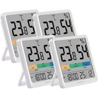 Pearl 4er-Set Thermo- und Hygrometer, Komfort-Anzeige, Uhrzeit und Wecker
