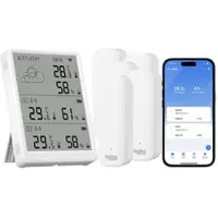 Luminea Home Control WLAN-Temperatur- & Luftfeuchtigkeits-Set mit Display, 5 Sensoren