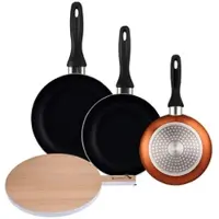 Bergner - Set aus 3 Pfannen Ø16/20/24cm aus gepresstem Aluminium in metallic-bronze mit Rundes Schneidebrett 38x28x1,5 cm aus Buchenholz