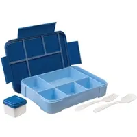 Rosenstein & Söhne Brotdose mit 5 Fächern, kleine Soßenbox, 1300 ml, Gabel & Löffel, blau