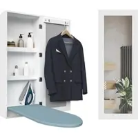 MODFU Wandmontierter Bügelschrank mit Spiegel Weiß 94x34x18 cm klappbares Bügelbrett mit Ablagen und Haken MDF platzsparend
