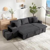 OKWISH L-förmiges umbaubares Ecksofa 3-Sitzer-Umbausofa mit USB-Ladeanschluss und Kissen,Klappsofa mit Schlaffunktion und Seitenablagen,Grau