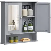 Vasagle Spiegelschrank, Badschrank, Wandschrank, Hängeschrank mit 2 Spiegeltüren und offenem Fach, verstellbare Ablage, Wandmontage, 13 x 56,5 x 58,5 cm, Taubengrau LHC002G02