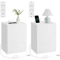 Vasagle Nachttisch LET631W14, 3 Schubladen, abgeschrägte Kanten, 2 AC-Steckdosen, 2 USB-Ports, Cloud Weiß, ca. 40 x 40 x 60 cm