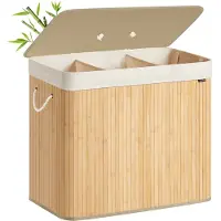 Songmics Wäschekorb, 3 Fächer, 170 L, Bambus, naturfarben