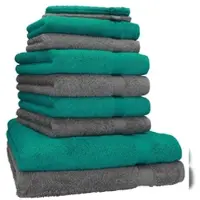 Betz 10-tlg. Handtuch-Set PREMIUM 100%Baumwolle 2 Duschtücher 4 Handtücher 2 Gästetücher 2 Waschhandschuhe Farbe Smaragd Grün & Anthrazit Grau