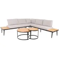 Mendler Garten-Garnitur HWC-H54c, Lounge-Set, Beistelltisch Spun Poly Akazie Holz Stahl hellbraun, Kissen hellgrau