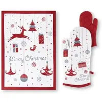 Excelsa Ofenhandschuh und Geschirrtuch Merry Christmas Baumwolle weiß-rot