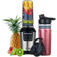 Moa Standmixer To Go - Smoothie Maker mit 2 Tritan-Bechern à 600ml - Mini Mixer - 800W - Edelstahl - Silber