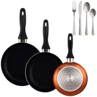 Bergner - Set aus 3 Pfannen Ø16/20/24cm aus gepresstem Aluminium in metallic-bronze mit 16-teiliges Besteckset aus Edelstahl