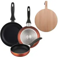 Bergner - Set aus 3 Pfannen Ø16/20/24cm aus gepresstem Aluminium in metallic-copper mit Rundes Schneidebrett 38x28x1,5 cm aus Buchenholz