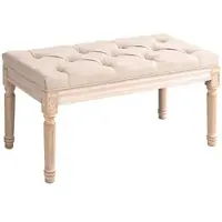 MODFU Sitzbank Polsterbank Vintage Beige 80x40x43 cm mit Knopfheftung, gepolsterter Sitzfläche in Leinenoptik, Massivholzbeine