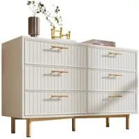 OKWISH Kommode 120x40x75 Weiß mit 6 Schubladen geriffelten Fronten Metallsockel goldfarbenen Griffen verstellbarem Mittelfuß modern