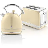 Swan STP7050CNEU Retro Set Frühstück, Wasserkocher 1,8L Kabellos, 2 Breitschlitz-Toaster, Vintage Creme