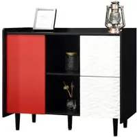 OKWISH Sideboard 90x40x80 Schwarz+Rot mit 2 Schubladen 2 offenen Fächern und Tür, modernes Buffet für Küche Esszimmer Wohnzimmer aus MDF