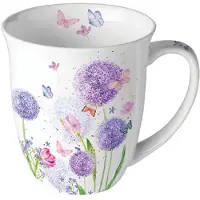 Ambiente Tasse 10cm Porzellan mit Pusteblumen Motiv - 0,4L Keramiktasse Porzellangeschirr Kaffeetasse Teetasse Kakaotasse Frühlingsgeschirr Floral Weiß Lila
