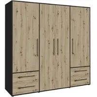 Forte MOKKARIS Kleiderschrank 200 210, moderner Drehtürenschrank, 4-türig, 4 Schubladen, Holzwerkstoff, Artisan Eiche Holzdekor mit Schwarz, 205,9 cm breit x 200,1 cm hoch x 58,8 cm tief