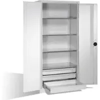 C+P Schwerlastschrank mit Drehtüren, 4 Böden und 3 Schübe, H1950xB930xT500mm Front Lichtgrau Korpus Lichtgrau