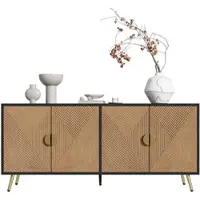 OKWISH Sideboard 160x40x75 cm, vier Türen, verstellbare Regale, Soft-Close, goldene Griffe und Beine, geräumiger Stauraum, schwarz + Holzmaserung