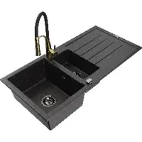 Mexen Andres 1,5-Becken-Granitspüle mit Abtropffläche und Mischbatterie Aster, Schwarz/Silber - 6515-73-73450-57-B