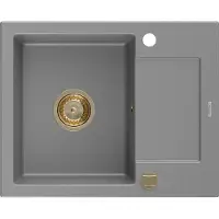 Mexen Enzo Granitspüle mit einem Becken und einer Abtropffläche 576 x 465 mm, Grau, Siphon Gold - 6506571005-71-G