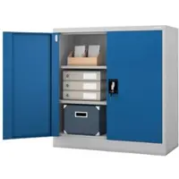 DELUKE Aktenschrank abschließbar KADO - 3 Ebenen, Flügeltüren | Metallschrank Werkstatt Büroschrank aus Stahl Werkzeugschrank, 93x90x40cm Grau-Blau