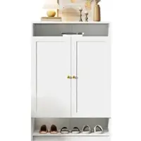 OKWISH Schuhschrank 73x34x109 2 Türen verstellbare Regale Stauraum bis 15 Paar Schuhe Metallteile goldene Griffe Weiß