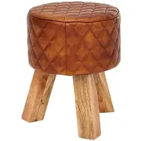 KADIMA DESIGN Sitzhocker Echtleder / Massivholz 35x46x35 cm Modern Fußhocker Rund, Turnbock Lederhocker Braun, Kleiner Hocker Gepolstert, Holzhocker mit