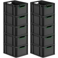 Proregal SparSet 10x Eurobox NextGen Color, HxBxT 22x30x40cm, 20 Liter, Griffe grün offen, Schwarz, Eurobehälter, Transportbehälter