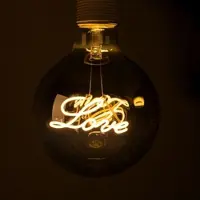 ETC Glühbirne Love E27 LED Vintage groß Glühfadenlampe, Love Schriftzug Glas amber, 5 Watt 70 Lumen warmweiß, DxH 12,5x17,5 cm