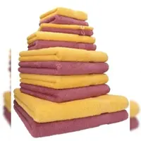 Betz 12-tlg. Handtuch-Set PREMIUM 100% Baumwolle 2 Duschtücher 4 Handtücher 2 Gästetücher 2 Seiftücher 2 Waschhandschuhe honiggelb/beere
