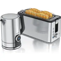 Arendo Frühstücks-Set Edelstahl, Wasserkocher Toaster Set, Wasserkocher mit Temperatureinstellung 1,7l, Toaster 2 Scheiben Langschlitz, Brötchenaufsatz, silber
