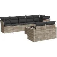vidaXL 9-tlg. Garten-Sofagarnitur mit Kissen Hellgrau Poly Rattan