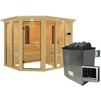 Karibu Sauna Innensauna Ava Eckeinstieg Ofen 9 KW externe Strg easy 245x210x202 cm mit Dachkranz