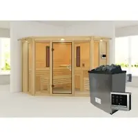 Karibu Sauna Innensauna Asta Ganzglas Fronteinstieg Ofen 9 KW externe Strg easy 245x245x202 cm mit Dachkranz